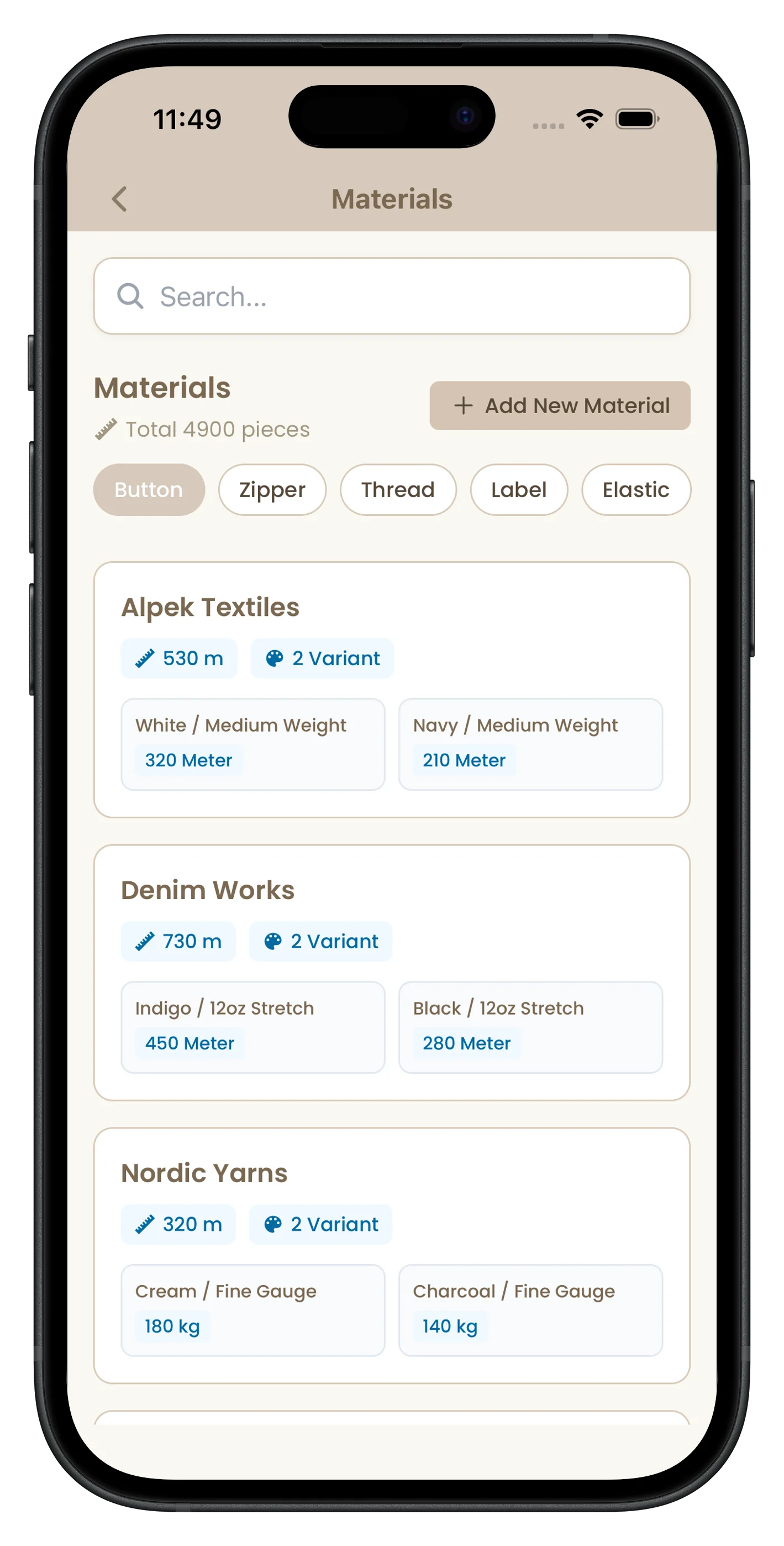 Material tracking screen